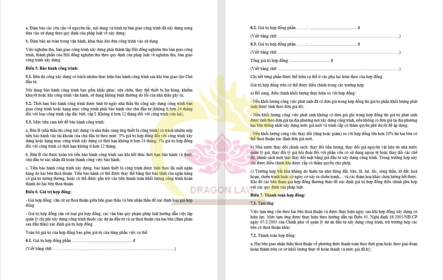 mẫu hợp đồng nguyên tắc trong xây dựng